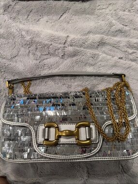 BIBILOU Metallic Silver Sequin Shoulder Bag with Gold Chain and Leather Strap